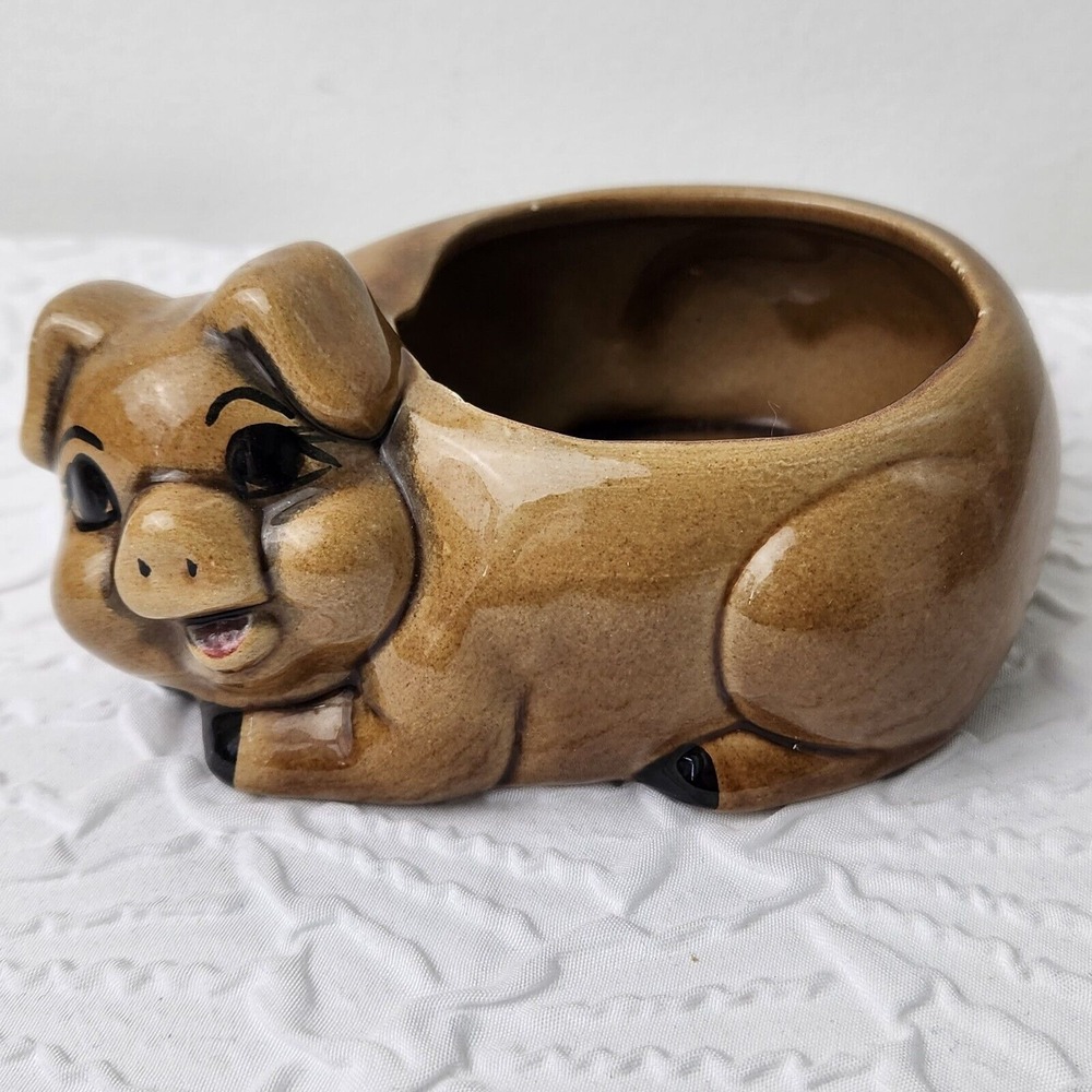 Pig Planter Small Brown Vintage Ceramic Succulent Pot Animal Decor